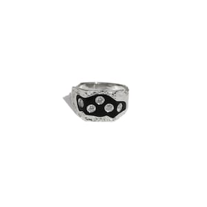 Black Enamel Silver Ring With Diamond, Textured Statement Ring