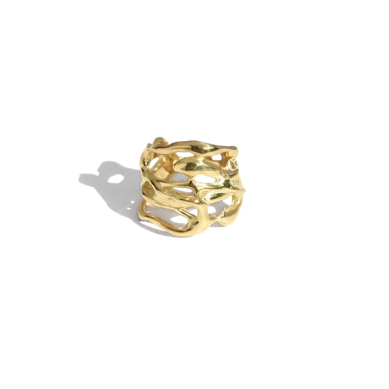 Bold organic gold ring with fluid, sculptural openwork design, handcrafted for a modern artistic style.