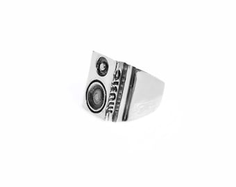 Anello altoparlante, anello in argento sterling musicale, anello DJ