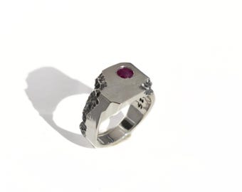 Chevalière en argent sterling avec rubis, bague pour homme, bijoux artisanaux modernes