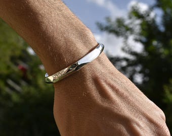 Sterling Silver Open Cuff Bracelet, Carved Minimalist Men&#39;s Bangle