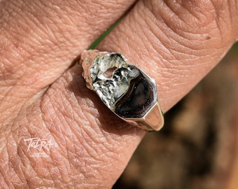 Raw & Polished Sterling Silver Signet Ring, Unique Design