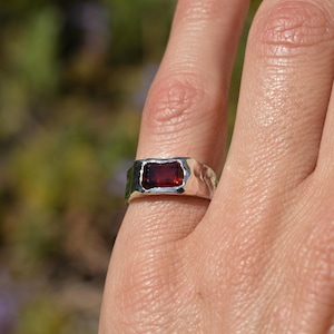 Hammered Garnet Signet Ring, Handmade Raw Silver Ring, Emerald Cut Stone, Artisan Statement Jewelry