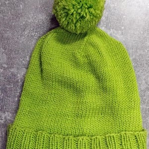 Puede incluir: Un gorro de punto verde brillante con un gran pompón en la parte superior.
