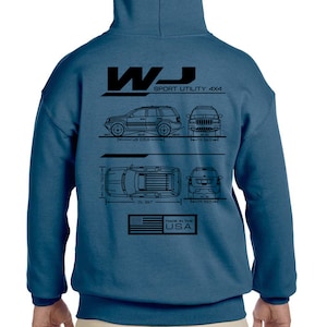 May include: Teal blue hooded sweatshirt with a black graphic design. The design includes the text "WJ SPORT UTILITY 4X4" and technical drawings of a vehicle. The American flag and "MADE IN THE U.S.A." are also featured.