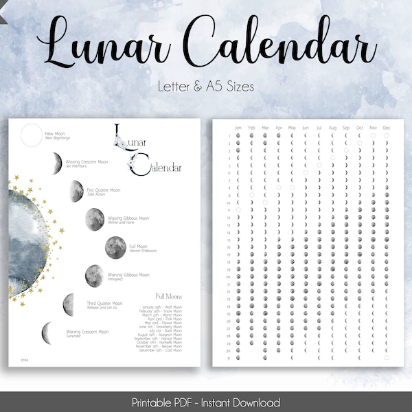 Lunar Calendar for 2024 Life Planner PDF - Moon and Stars