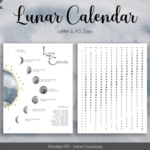 Lunar Calendar for 2022 Life Planner PDF - Moon and Stars