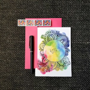 Tarjeta Boho Hello, Tarjeta Digital, Tarjeta de Felicitación, Arte Mandela, Tarjeta de Notas Imprimible, Tarjeta para Pen Pal, Tarjeta Arco Iris, Tarjeta de Acuarela