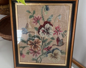 Vintage Tapestry Framed Embroidery Picture | Handmade needlework | needlepoint | cross stitch | Floral Butterfly | Boho Aesthtic | Rustic