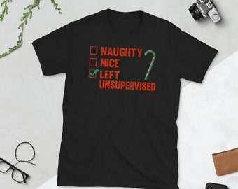 Naughty Nice Left camiseta sin supervisión, camisa de Navidad, camiseta de Navidad, camisa de fiesta