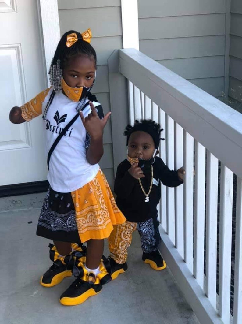 bows Shirt /& Skirt sock Bandanna Skirt Set yellow and Black with accessories Siblings Sets Match Mask