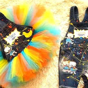 90s Characters Custom  overalls Full set  for Birthday Boy or Tutu Overalls Custom shirt and ruffles socks For Baby Girl  Any Theme