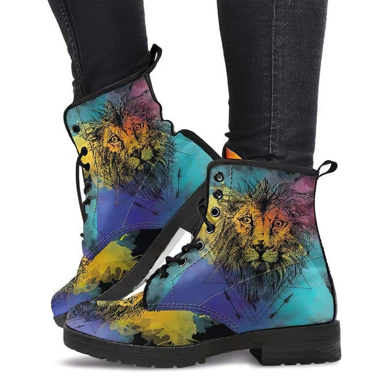 Womens Winter Boot Combat Boots Hippie Shoes Womens Leather Boots Rain Boots Women Bohemian Boots Spiritual Lion Dream