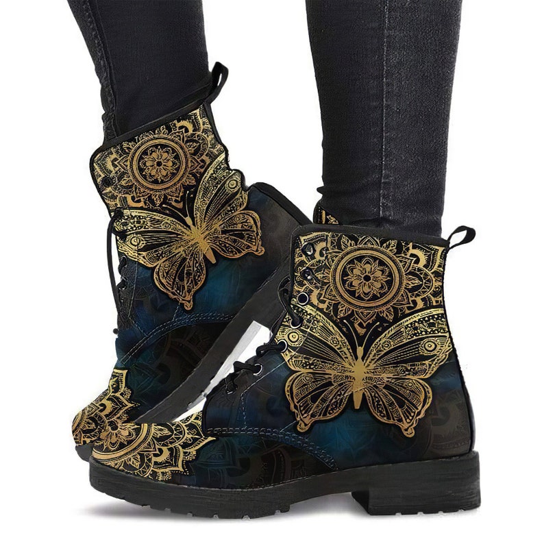 Custom Leather Boots Lace Up Boots Vegan Leather Handmade Boots Women Girl Gift Mandala Ankle Boots Hippie Boots Alchemy Butterfly