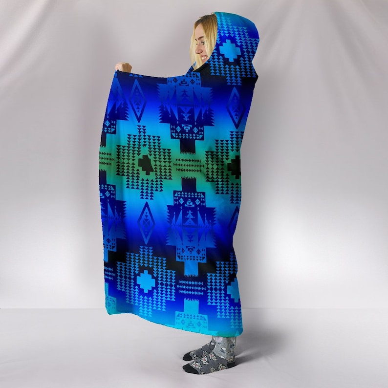 Seven Tribes Lake Hooded Blanket Geometric Retro Rave Festival Aztec Abstract Tribal Fold Cheveron Ziz Zag Colorful Throw