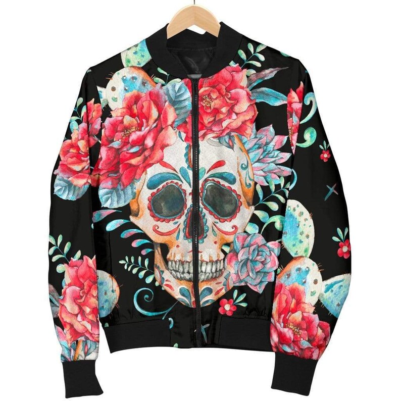 Flower Skull Sugar Skulls Womens Bomber Jacket Bright Etsy
