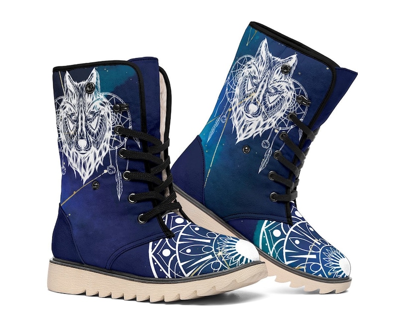 Lace Up Boots Wolf Mandala Fur Lined Boots Winter Fur Boots Polar Boots Blue Gold Women/'s Boots Faux Fur Boots