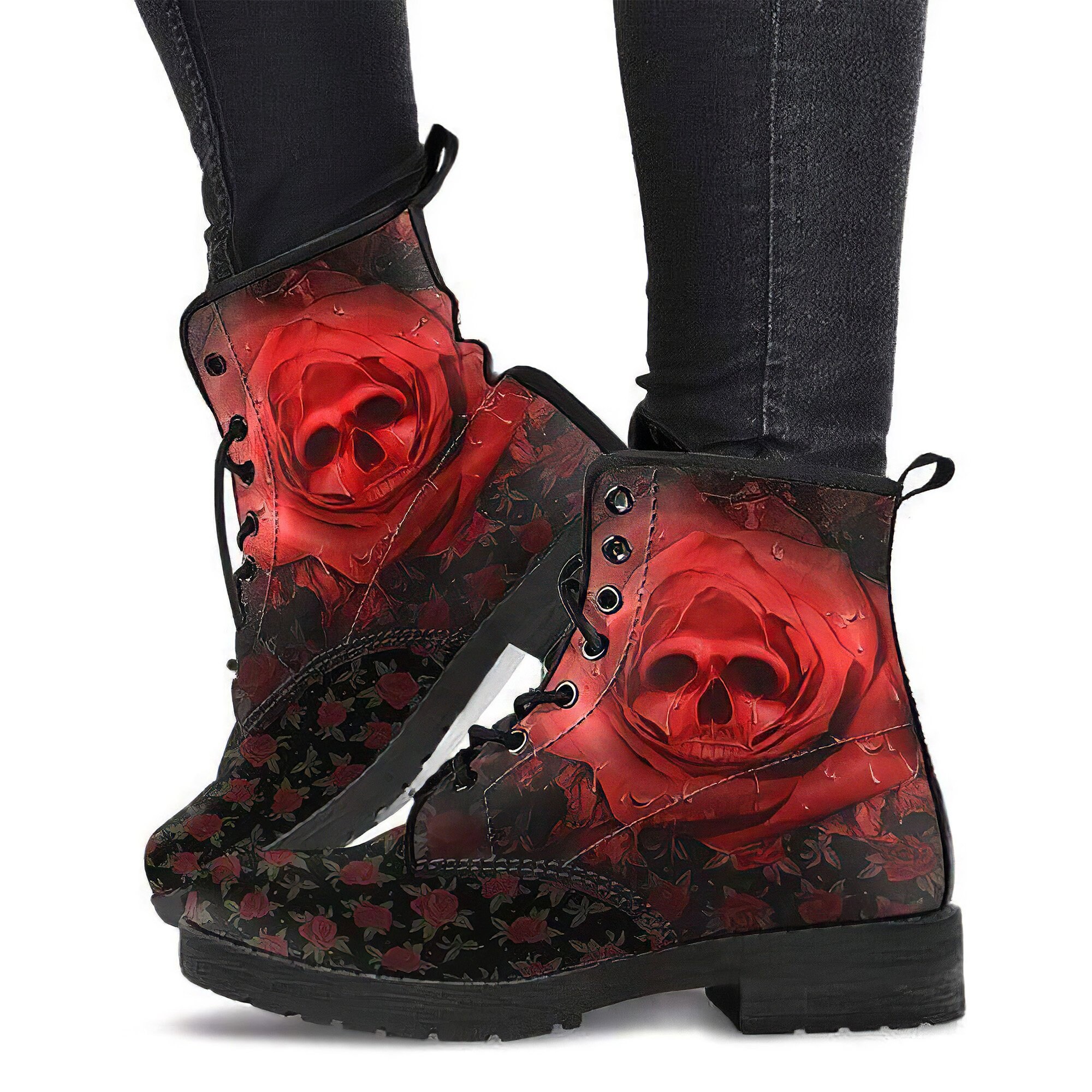 Rose Skull Womens Leather Boots Skull Shoes Ankle Boots | Etsy