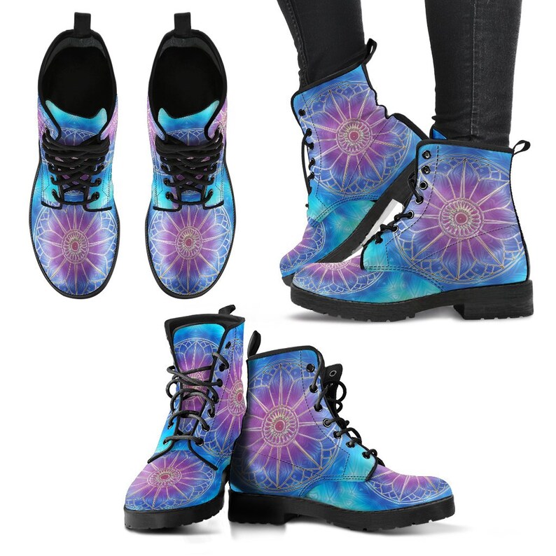Pattern Abstract Hippie Gyspy Fairy Purple Mandala Women/'s Boots Combat Style Boots Vegan Leather Flower Circle Chakra Zen Yoga