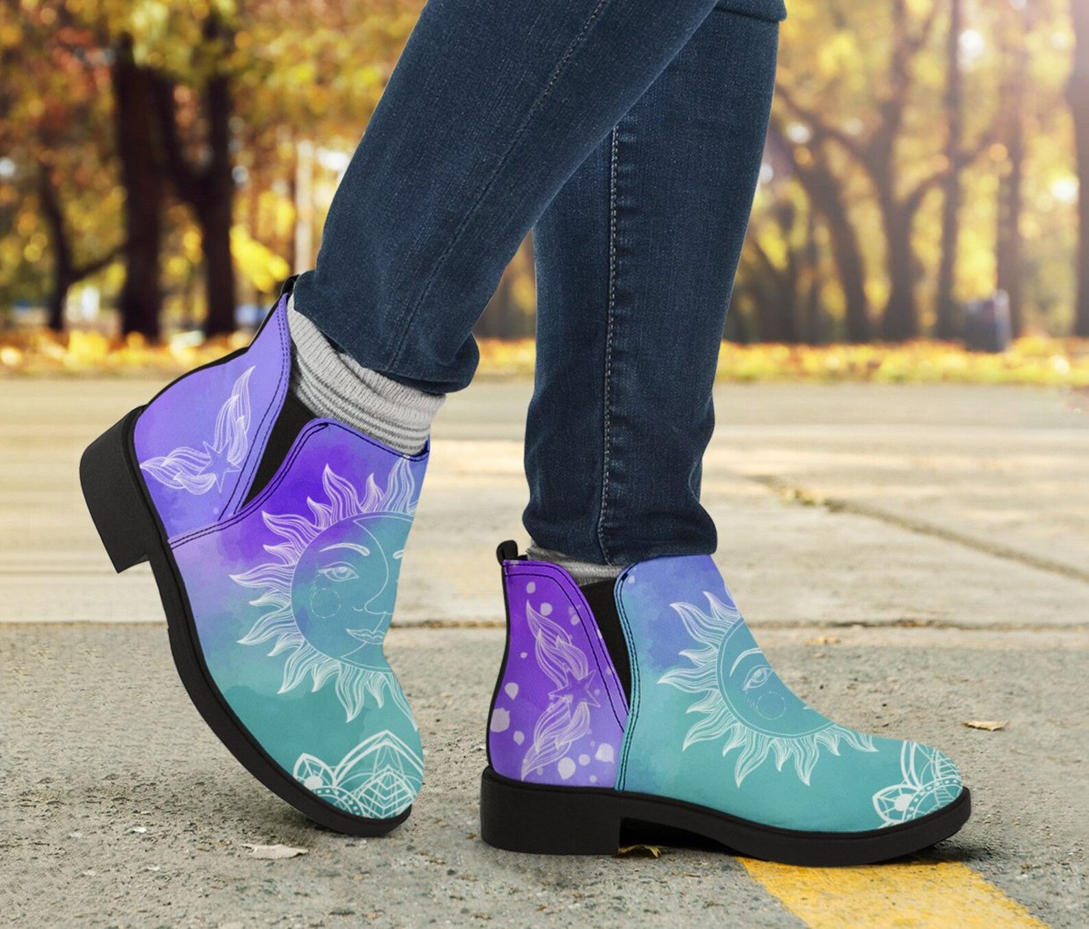sun and moon thigh high boots