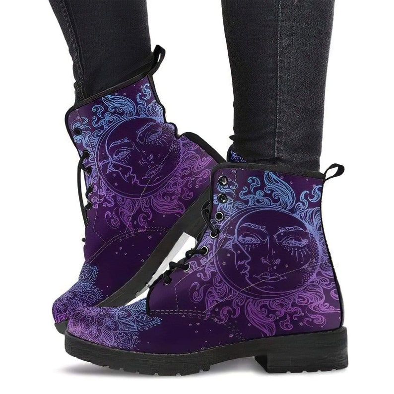 Vegan Leather Womens Leather Boots Streetwear Purple Sun and Moon Custom Leather Boots Handcrafted Boots Purple Lotus Mandala