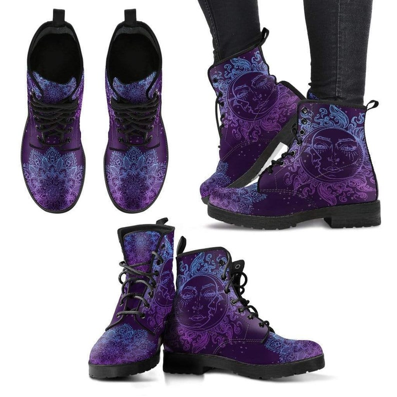 Vegan Leather Womens Leather Boots Streetwear Purple Sun and Moon Custom Leather Boots Handcrafted Boots Purple Lotus Mandala