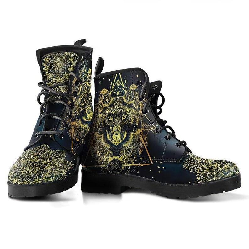 Vegan Leather Hippie Boots Mandala Ankle Boots Leather Boots Women Floral Spiritual Gold Boho Wolf Handmade Boots Lace Up Boots
