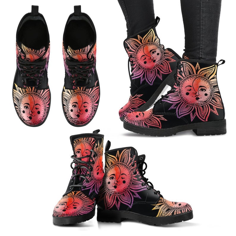 Women/'s Boots Hippie Gyspy Fairy Sun And Moon Watercolour Chakra Zen Yoga Vegan Leather Spiritual Black Pink Combat Style Boots