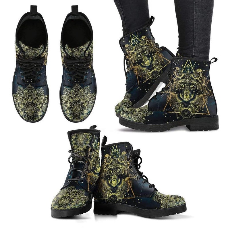 Vegan Leather Hippie Boots Mandala Ankle Boots Leather Boots Women Floral Spiritual Gold Boho Wolf Handmade Boots Lace Up Boots