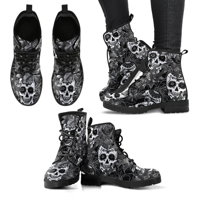 Black & White Skulls Leather Boots Women Vegan Leather Etsy