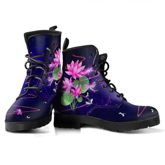 Dragon Fly Lotus, Lily Pad Sky Cosmos, Women&#39;s Boots, Vegan Leather, Combat Style Boots, Pink Purple, Hippie Gypsy Fairy, Student Artist