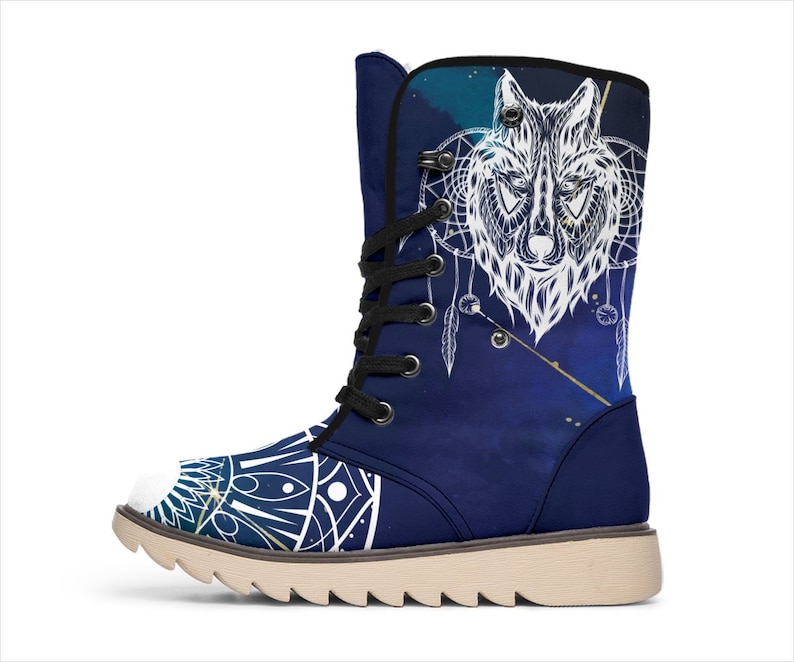 Lace Up Boots Wolf Mandala Fur Lined Boots Winter Fur Boots Polar Boots Blue Gold Women/'s Boots Faux Fur Boots