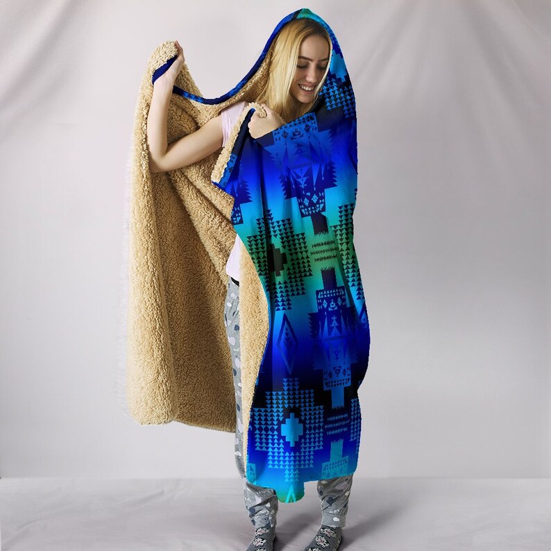 Seven Tribes Lake Hooded Blanket Geometric Retro Rave Festival Aztec Abstract Tribal Fold Cheveron Ziz Zag Colorful Throw