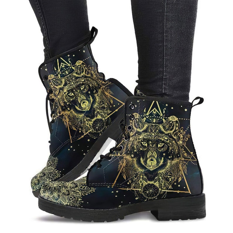 Vegan Leather Hippie Boots Mandala Ankle Boots Leather Boots Women Floral Spiritual Gold Boho Wolf Handmade Boots Lace Up Boots