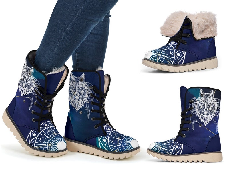 Lace Up Boots Wolf Mandala Fur Lined Boots Winter Fur Boots Polar Boots Blue Gold Women/'s Boots Faux Fur Boots