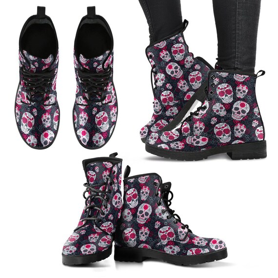 Crâne de sucre rouge, Dia De los Muertos, bottes pour dames, simili cuir, bottes de Style de Combat, bottes de Combat de Lolita, Day Of The Dead Crâne de sucre rouge, Dia De los Muertos, Muertos, Muertos, bottes pour dames, simili cuir, bottes de Style de Combat, bottes de Combat de Lolita, Day Of The Dead 9a7605