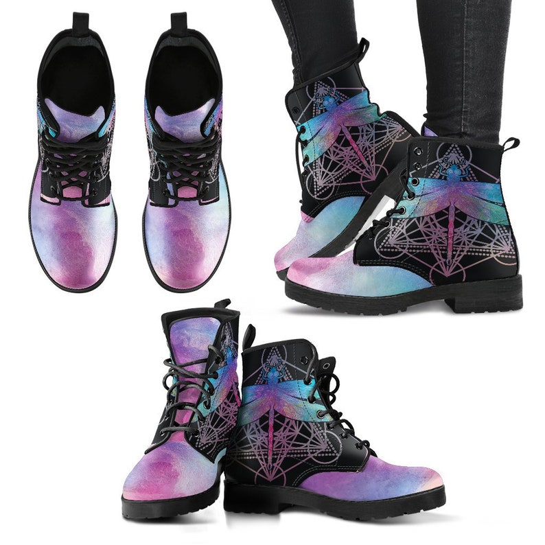 Women/'s Boots Mandala Design Girly Combat boot Combat Style Boots Namaste Boots Vegan Leather Hippie Boot Watercolor Dragonfly