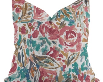 Impressionist Floral Pillow Cover, Abstract Flowers, Pink, Coral, Blue, Turquoise, Tan - 18x18, 20x20, 22x22, 24x24, 26x26, Accent, Toss