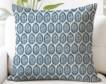 Blue Block Print Pillow Cover - Blue and White - 18x18, 20x20, 22x22, 24x24, 26x26 - Lynn Blue Designer Pillows - Cotton Linen