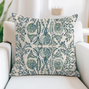Floral Block Print Pillow Cover | Blue and Green Pillows | Sofia Verde | Designer Pillows | 18x18, 20x20, 22x22, 24x24, 26x26, Custom