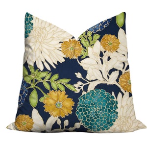 Large Floral Blue Pillow Cover - St. Moritz Design - Blue, Teal, Ivory, Green, Gold Metallic Accents - 18x18, 20x20, 22x22, 24x24, 26x26
