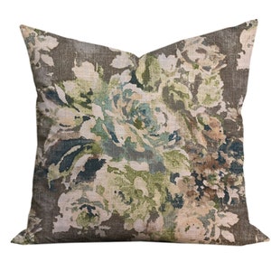 Grey and Blue Floral Print Throw Pillow Cover - Gray, Blue, Chartreuse, Green - 18x18, 20x20, 22x22, 24x24, 26x26
