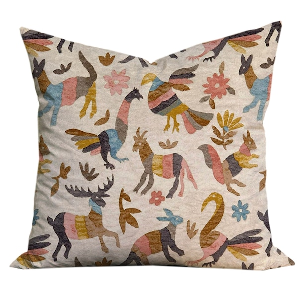 Otomi Inspired Pillow Cover - Blue, Pink, Brown, Yellow Otomi Animals - 18x18, 20x20, 22x22, 24x24, 26x26