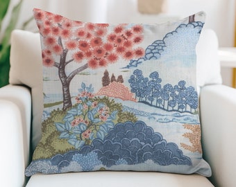 Coral Asian Landscape Pillow Cover | Chinoiserie Pillow | Coral, Navy, Green | Designer Pillows | 18x18, 20x20, 22x22, 24x24, 26x26, Custom