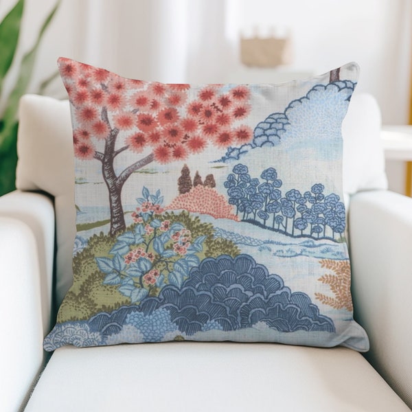 Coral Asian Landscape Pillow Cover | Chinoiserie Pillow | Coral, Navy, Green | Designer Pillows | 18x18, 20x20, 22x22, 24x24, 26x26, Custom