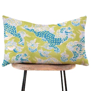 Chinoiserie Dragons Lumbar Pillow Cover - Lime Green, Teal - Asian, Accent, Throw, 12x18, 12x20, 14x20, 14x22, 14x24, 14x36, 16x24, Custom