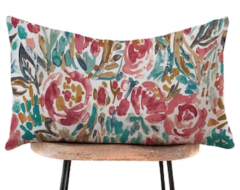 Impressionist Floral Lumbar Pillow Cover, Abstract , Pink, Coral, Blue, Turquoise, Tan, 12x18, 14x22, 14x24, 14x28, 14x36, 15x30, 20x36