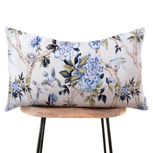 Floral Birds Lumbar Pillow Cover, Blue, White, Teal, Chinoiserie Pillowcase - 12x16, 12x18, 12x20, 14x20, 14x22, 14x24, 14x36, 15x30, Toss