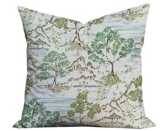 Hikaru Watercolor Asian Landscape Pillow Cover - Green, Brown, and Blue - Chinoiserie, Toile - 18x18, 20x20, 22x22, 24x24, 26x26