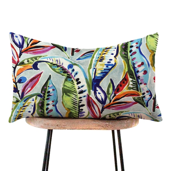 Tropical Leaf Lumbar Throw Pillow Cover - Multi-color, Enrique Carnival, Colorful Jungle Leaf Print - Designer, Accent, Toss Pillows
